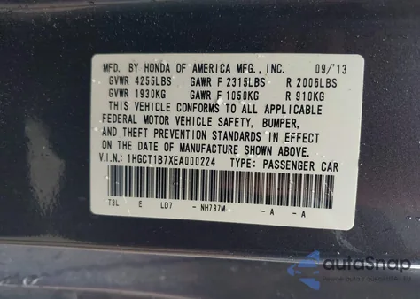 2014 Honda Accord Ex z USA, uszkodzony, nr VIN 1HGCT1B7XEA000224